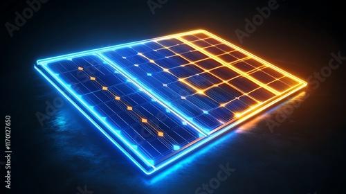 A glowing neon solar panel icon in electric blue and gold, with glowing rays extending from the panel, symbolizing renewable energy and eco-friendly practices, glowing vividly on a dark background photo