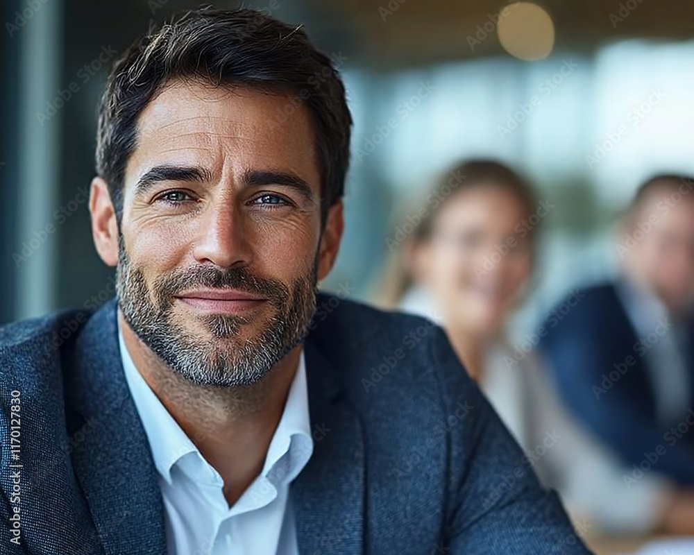 Confident businessman smiling in office. Confident businessman smiling in office.