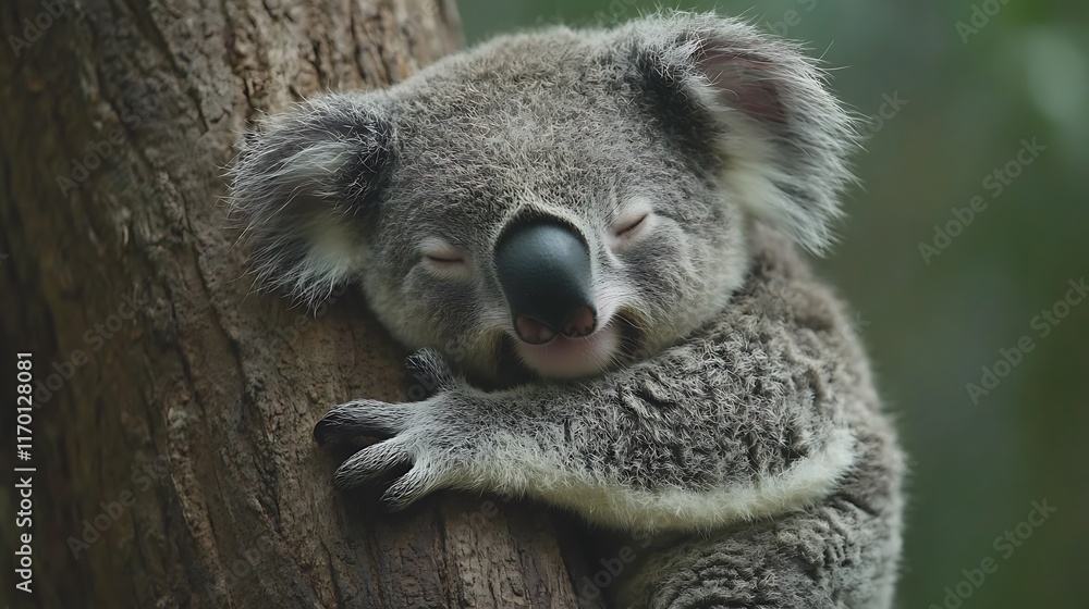 Fototapeta premium Sleepy koala clinging to a tree trunk.