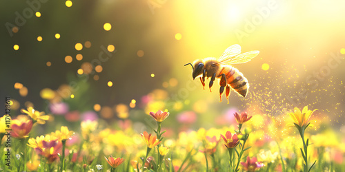 Bee Flying Over Golden Honey Swirls