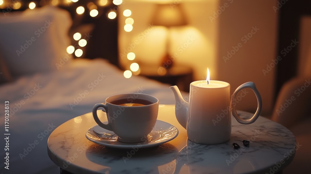 Fototapeta premium A cozy scene featuring a cup of tea and a candle on a bedside table with soft lighting.