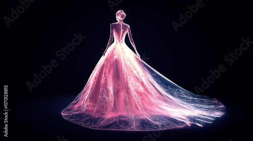 A glowing neon wedding dress icon in radiant white and pastel pink, with glowing lace patterns and a flowing gown silhouette,  photo