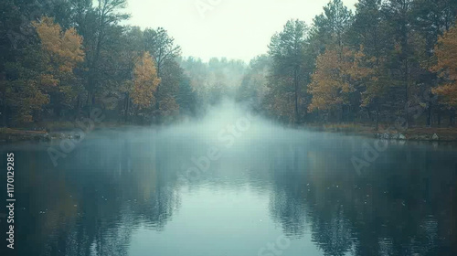 Wallpaper Mural Misty lake with autumn trees reflecting in the calm water. Torontodigital.ca