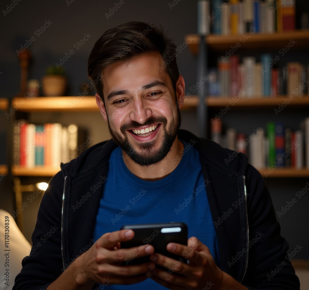 Man with beard holding phone in front of bookshelf Man with beard holding phone in front of bookshelf
