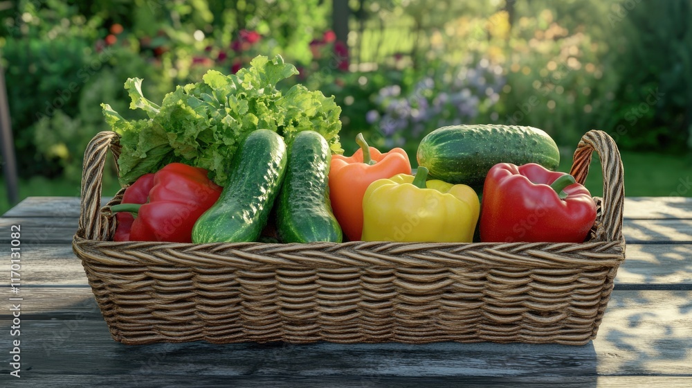 A vegetable basket with fresh cucumbers, bell peppers, and onions, displayed on a wooden table with a blurred garden backdrop. A vegetable basket with fresh cucumbers, bell peppers, and onions, displayed on a wooden table with a blurred garden backdrop.