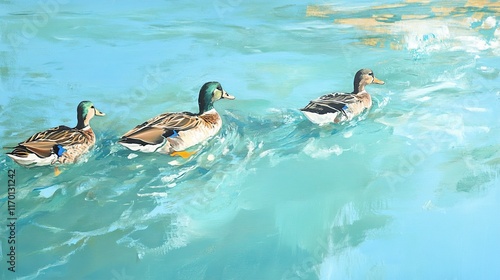 Three Mallard Ducks Swimming in a Serene Lake photo