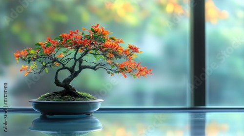 A vibrant bonsai tree with lush foliage, placed on a glass table with reflections creating a striking visual effect.