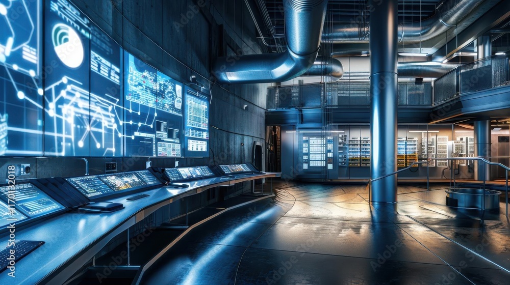 Naklejka premium A modern control room featuring advanced screens and high-tech equipment.