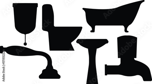 Silhouettes of bathroom items,Vector silhouette drawing with sanitary elements, Bathtub, washbasin and stand toilet, Bath and hygiene items set
