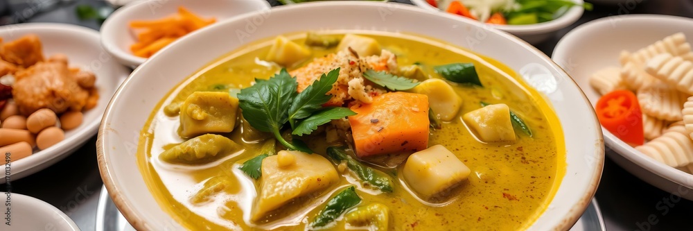 Chicken green curry with coconut milk, basil, and spices in a white bowl on a black wooden table, dinner, curry paste Chicken green curry with coconut milk, basil, and spices in a white bowl on a black wooden table, dinner, curry paste
