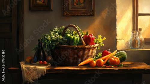 A wicker basket overflowing with fresh vegetables including carrots, tomatoes, bell peppers, and leafy greens, placed on a rustic wooden table.