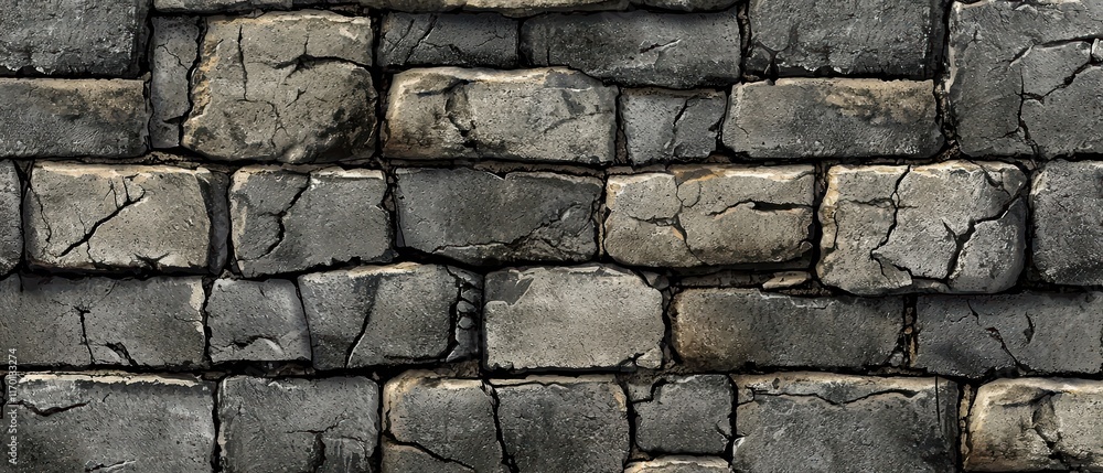 A close-up view of a textured stone wall featuring various sizes and shapes of grey stones with visible cracks and natural imperfections.