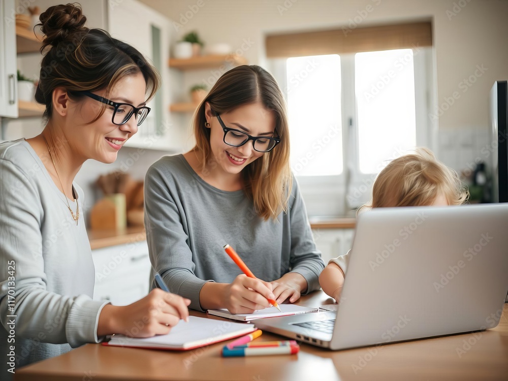 Fototapeta premium Busy mom working on laptop in kitchen while holding toddler, writing notes, home, busy