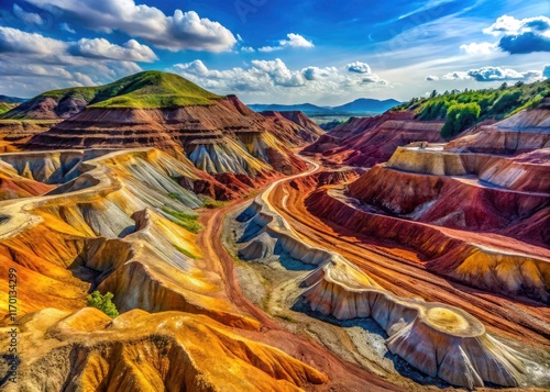 Mountain foothills yield to layered macro mining operations; an aerial perspective showcases intricate, stratified terrain. photo