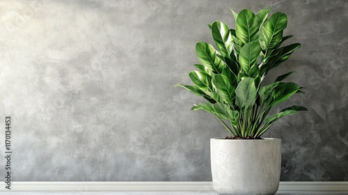 A ZZ plant in a concrete planter, set against a textured gray wall for a contemporary look.