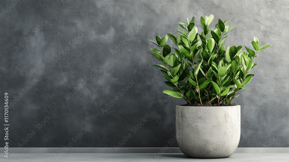 A ZZ plant in a concrete planter, set against a textured gray wall for a contemporary look. A ZZ plant in a concrete planter, set against a textured gray wall for a contemporary look.