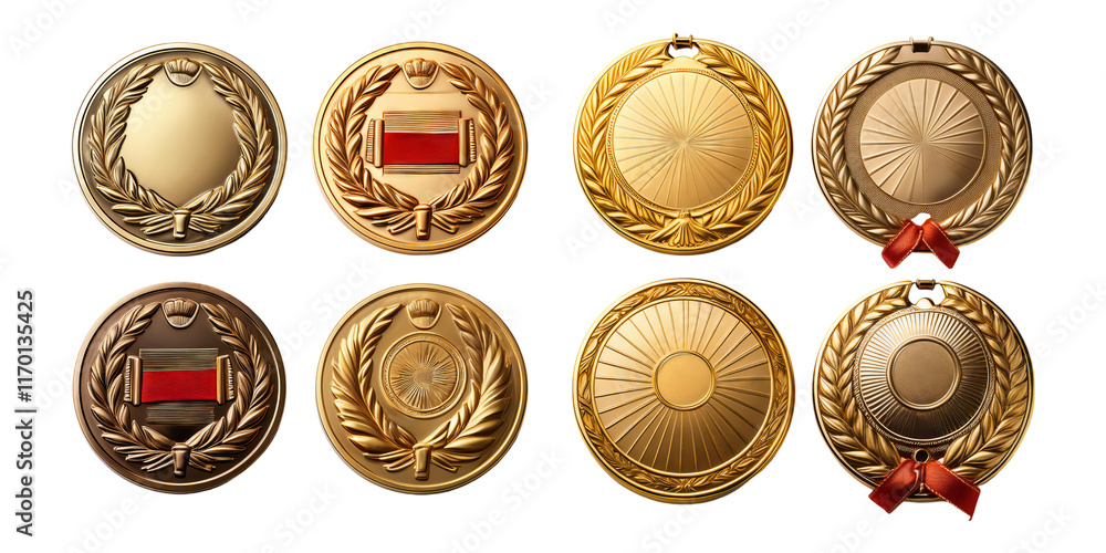 Set of eight blank gold medal designs for awards and achievements Set of eight blank gold medal designs for awards and achievements