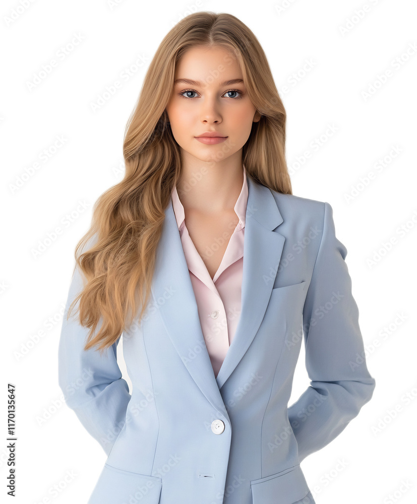Confident Young Female Executive Wearing Formal Suit and Posing in Office Environment Confident Young Female Executive Wearing Formal Suit and Posing in Office Environment