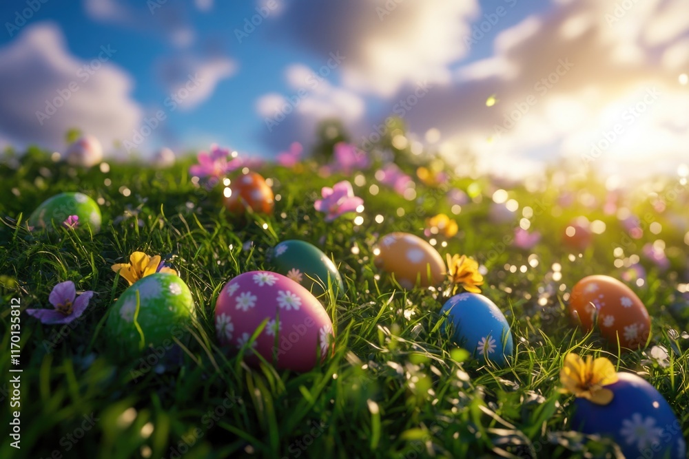 Field of grass with a bunch of Easter eggs scattered throughout. The eggs are of different colors and sizes, and they are surrounded by flowers. The scene has a peaceful and serene mood Field of grass with a bunch of Easter eggs scattered throughout. The eggs are of different colors and sizes, and they are surrounded by flowers. The scene has a peaceful and serene mood