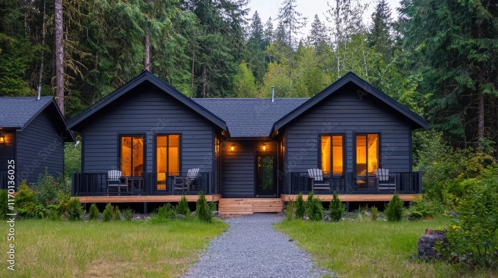 Charming Rustic Cabins Nestled in Lush Green Forest Surrounded by Majestic Trees Evoking Peaceful Tranquility and Nature Charming Rustic Cabins Nestled in Lush Green Forest Surrounded by Majestic Trees Evoking Peaceful Tranquility and Nature