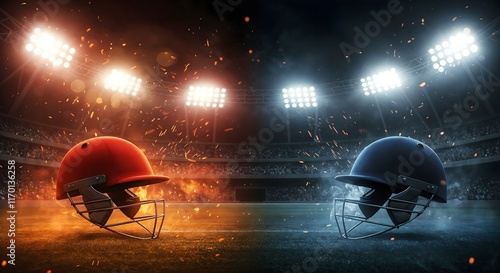 Electrifying cricket match banner displaying two helmets in contrasting colors, surrounded by dramatic lighting and vibrant sparks, symbolizing the spirit of competition and teamwork