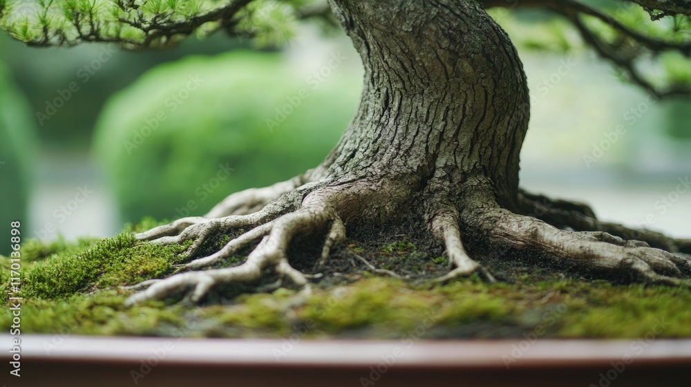 Close-up of a bonsai tree trunk, showing its textured bark and intricate root system, surrounded by moss.