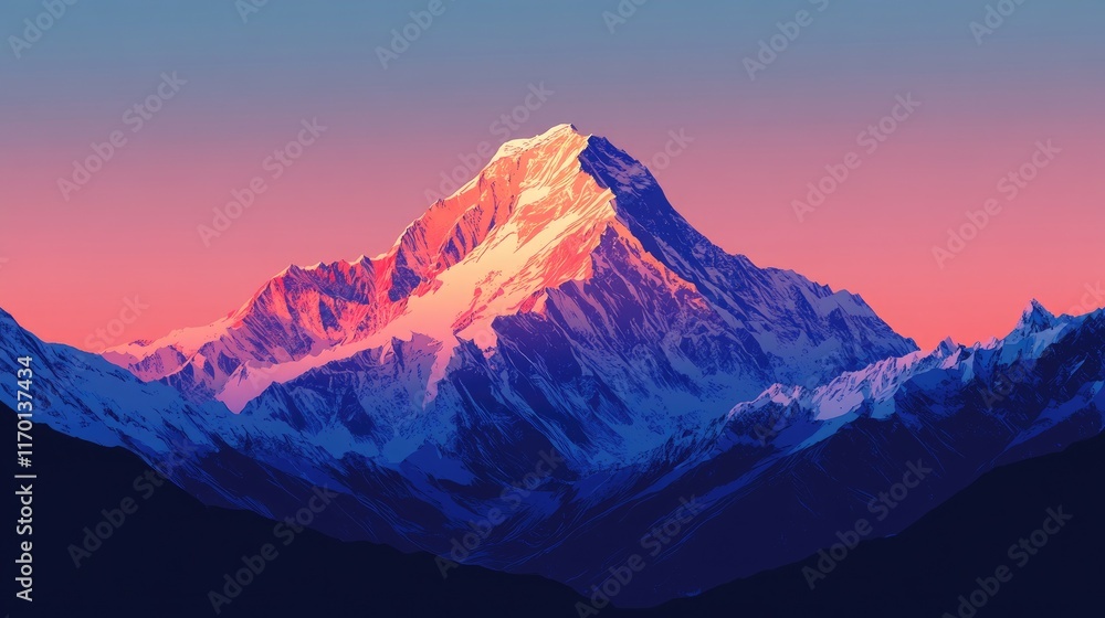 Fototapeta premium Mount Everest glowing brightly under the first light of day, with snow glistening on its peak.