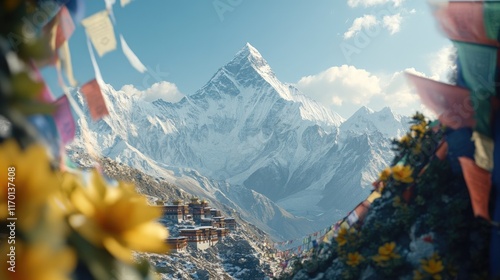 Mount Everest framed by prayer flags fluttering in the wind at a Himalayan monastery.