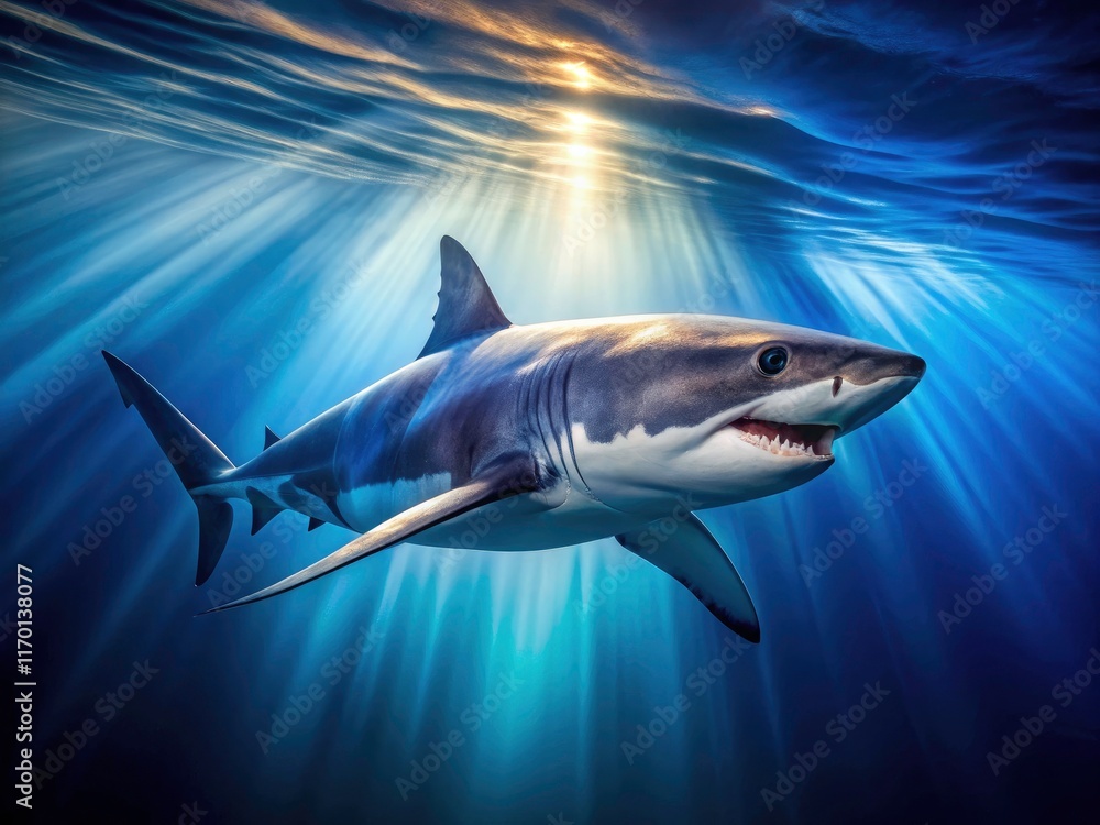 Naklejka premium Ocean predator revealed: a great white shark's powerful form, captured through stunning long-exposure underwater photography.