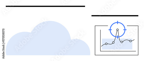 Light blue cloud adjacent to a line chart featuring data points and a focus symbol. Ideal for cloud computing, analytics, precision targeting, statistics, technology, innovation, abstract line flat