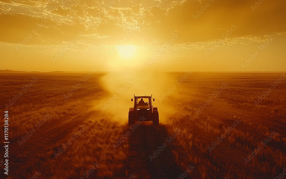 Fototapeta premium Tractor driving across a field at sunset.