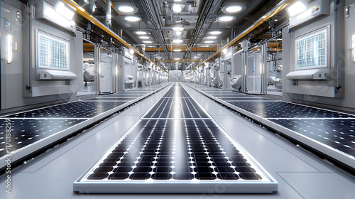 modern solar panel manufacturing facility with advanced technology and clean design. spacious interior features rows of solar panels and high tech