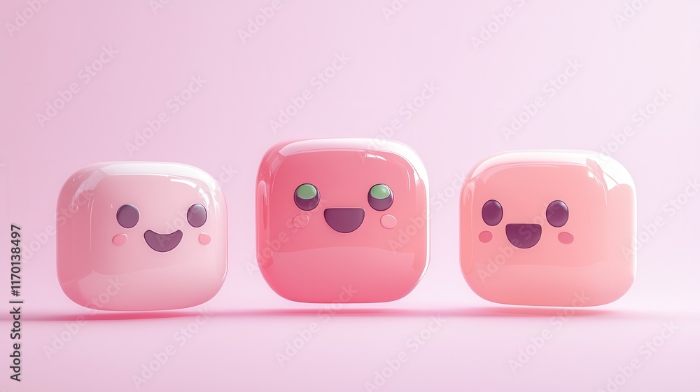 Fototapeta premium Three Cute Pink Cartoon Characters Happy Emojis 3D Render Sweet Playful Design