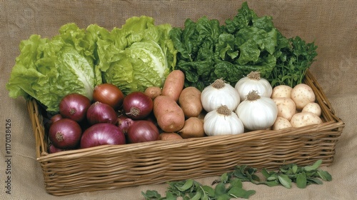 A basket of farm-fresh vegetables, including onions, garlic, lettuce, and sweet potatoes, placed on burlap fabric with scattered herbs.