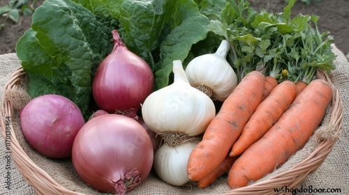 A basket of farm-fresh vegetables, including onions, garlic, lettuce, and sweet potatoes, placed on burlap fabric with scattered herbs.
