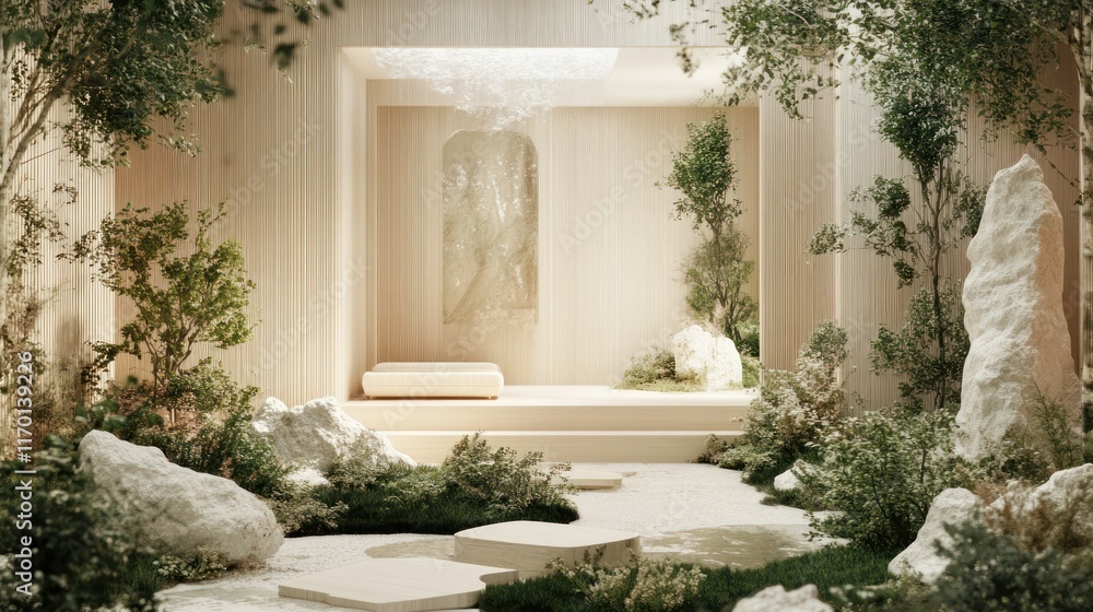 Serene indoor garden with natural elements and textures. Serene indoor garden with natural elements and textures.