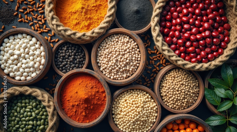 Diverse bean varieties and spices display market stall food photography rustic setting overhead view culinary exploration Diverse bean varieties and spices display market stall food photography rustic setting overhead view culinary exploration