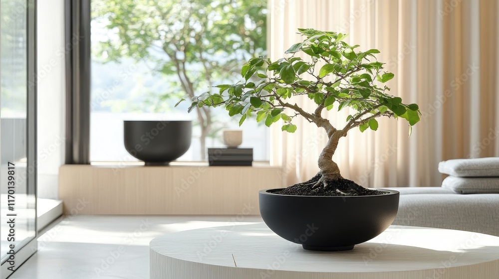A bonsai tree in a modern black pot, sitting on a white table with minimalist decor. A bonsai tree in a modern black pot, sitting on a white table with minimalist decor.