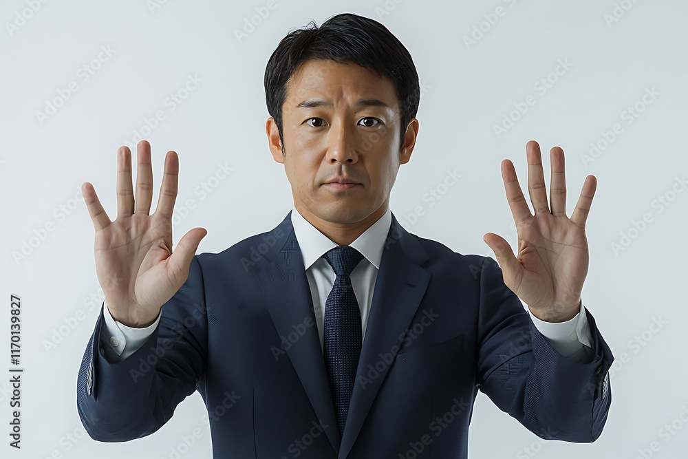 A man in a suit holds up his hands, conveying a message of caution.