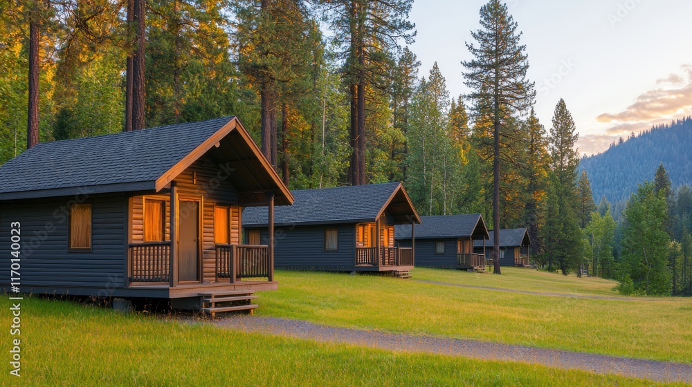 Fototapeta premium Charming Row of Rustic Cabins Nestled in Lush Green Forest with Serene Pathway Inviting Peaceful Nature Retreat Experience