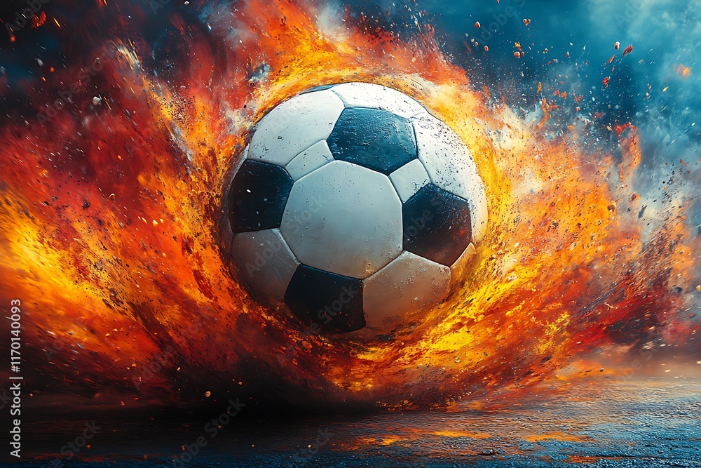 Naklejka premium Black and white soccer ball in flames on Abstract background 