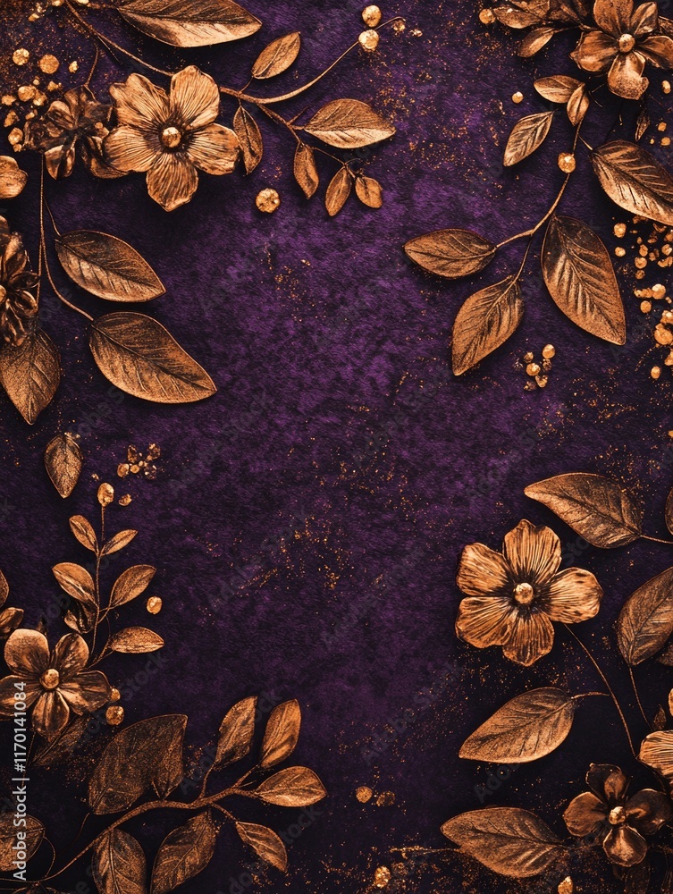 Fototapeta premium Purple background with gold leaves and flowers.