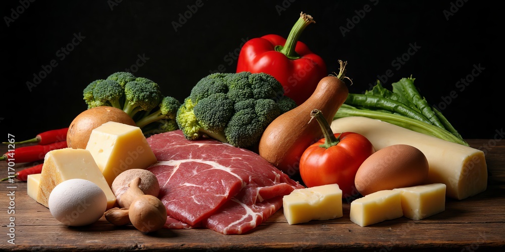 Raw meat with vegetables, cheese, eggs and a dark background. Raw meat with vegetables, cheese, eggs and a dark background.