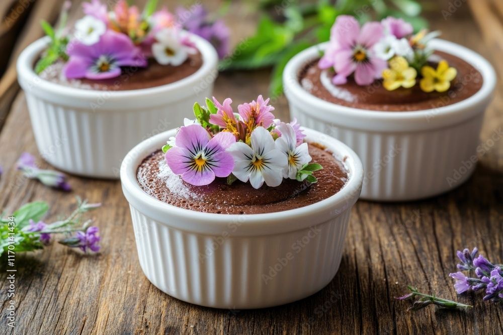 Three small bowls of chocolate dessert with flowers on top. The bowls are placed on a wooden table Three small bowls of chocolate dessert with flowers on top. The bowls are placed on a wooden table
