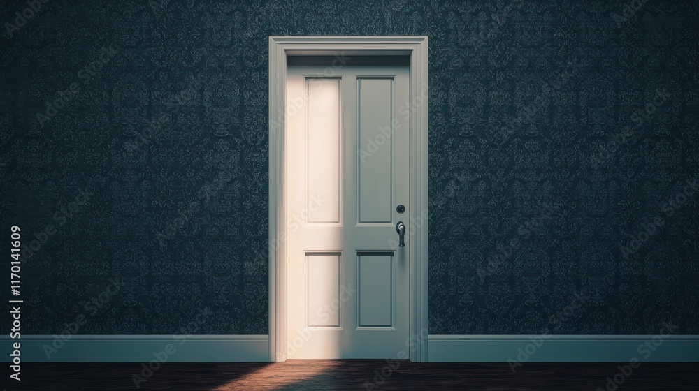 Fototapeta premium Mysterious Doorway in Dimly Lit Room Surrounded by Intricate Wallpaper Evoking Ambiance of Secrets and Intrigue