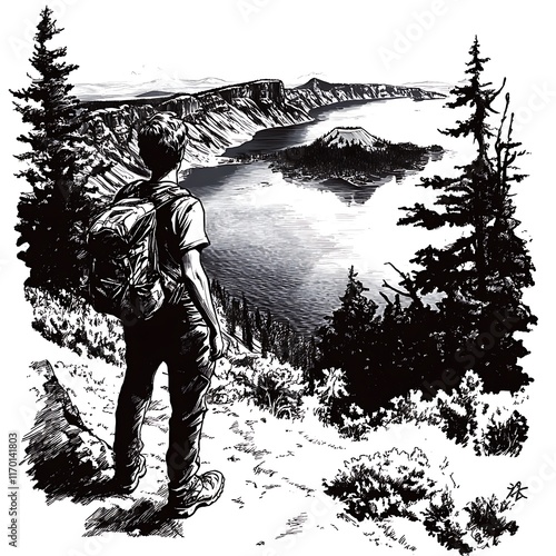 A hiker pauses to admire the breathtaking view of Crater Lake, Oregon, a stunning landscape illustration in black and white ink. photo