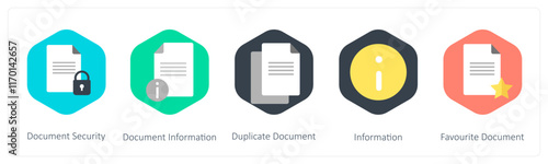 A set of 5 mix icons as document security, document information, duplicate document