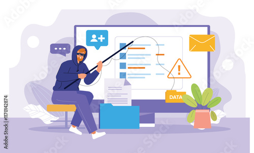 A detailed illustration showing various phishing techniques, with deceptive emails, fake websites, and a visual of a data breach, emphasizing the importance of security awareness and protection.