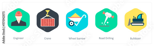 A set of 5 mix icons as enginner, crane, wheel barrow