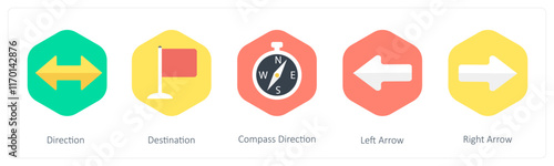 A set of 5 mix icons as direction, destination, compass direction